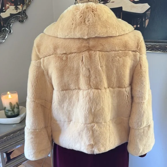 Genuine Rex Rabbit Fur Designer Trilogy cropped jacket coat S M ivory tan cream - Picture 5 of 11